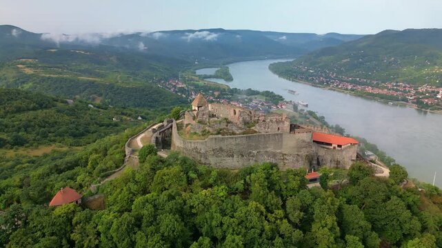 Aerial view of Visegrad castle in Hungary, next to Danube river in Danube bend