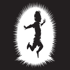 Silhouette of a child jumping happily with arms outstretched against a burst of light background
