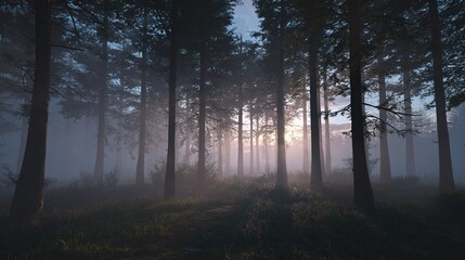 Obraz premium Sun rays pierce a misty pine forest at dawn, illuminating a path through tall, slender trees and low vegetation. The scene is tranquil and evocative of mystery