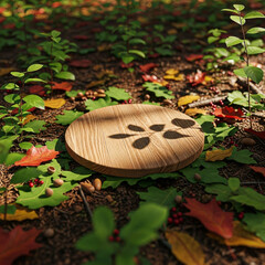 Autumnal Forest Floor: Wooden Round Display, Product Mockup, Nature Scene
