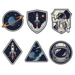 Collection of Retro Style Space Exploration Badges featuring Planets Astronauts and Rockets for SciFi Designs and Exploration Themes