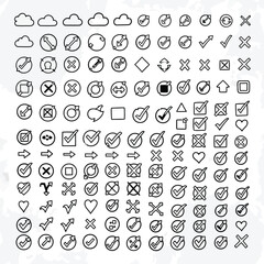 Diverse Set of Hand Drawn Vector Icons with Check Marks Arrows Clouds and Hearts for Design Projects