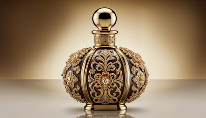 Elegant ornate perfume bottle with intricate golden designs on a soft background
