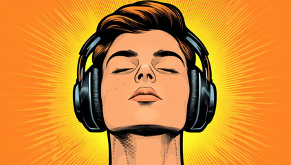Person with closed eyes wearing headphones is depicted in vibrant pop art style against bright orange background, radiating sense of relaxation and enjoyment
