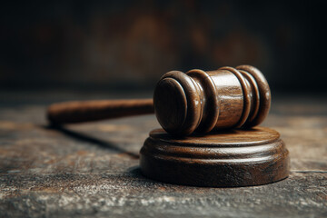 Wooden Gavel on a Dark Wooden Table Symbol of Justice and Law