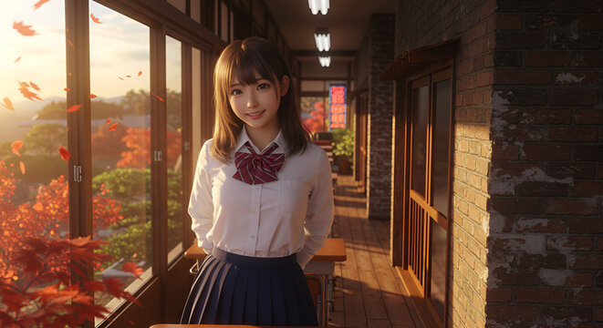 Portrait of a smiling schoolgirl in autumn scenery inside a traditional school hallway - Powered by Adobe