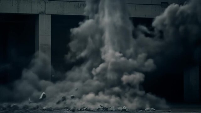 A dark, smoky explosion erupts from a damaged concrete structure.