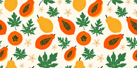 Vintage seamless pattern Papaya. Trendy seamless pattern with Papaya. Fruit background with hand drawn Papaya, flowers and leaves. Modern abstract design for paper, cover, fabric	
