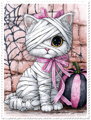A postage stamp with a perforated edge. A white kitten in bandages. ghost. He has huge eyes. There is a pink pumpkin in his hands. retro illustrations for posters, backgrounds, postcards, T-shirts.
