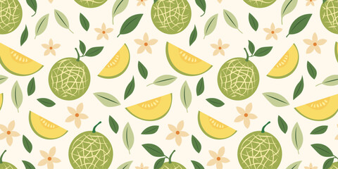 Vintage seamless pattern Melon. Trendy seamless pattern with Melon. Fruit background with hand drawn Melon, flowers and leaves. Modern abstract design for paper, cover, fabric