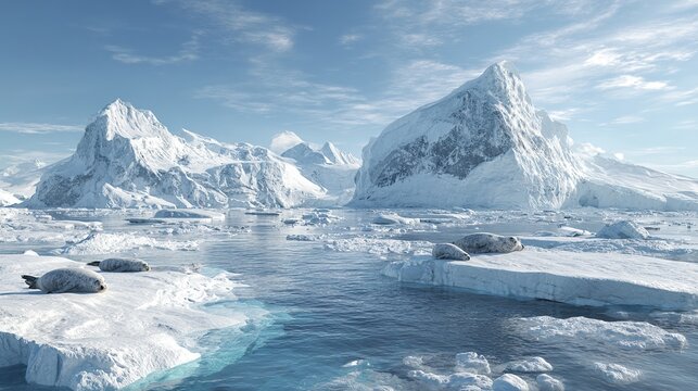 Panoramic view of a serene Antarctic landscape featuring snow-covered mountains, ice floes, and seals basking on ice. Bright, clear sky; tranquil waters