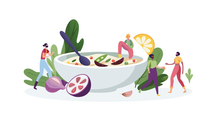 People around a large bowl of soup with a spoon, lemon slice, and various vegetables around it