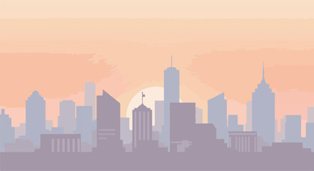 Fototapeta premium Cityscape silhouette with sun setting in gradient sky; design element