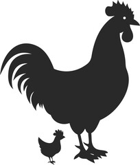Striking Silhouette of a Proud Rooster and a Small Chicken Chick Standing Side by Side in Perfect Harmony Black
