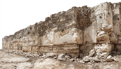 Panoramic photograph of the Western Wall in Jerusalem, with rocks and debris on the ground, captured from a low angle, high-resolution photography, incredibly detailed, fine details, isolated against 