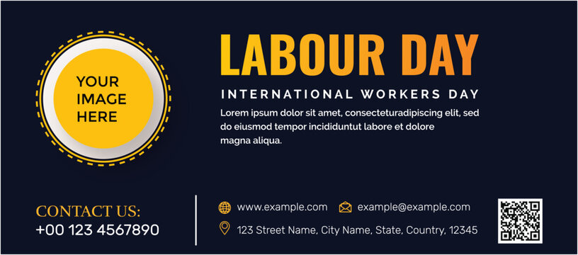 Labour day banner with yellow text on navy blue, featuring business card elements