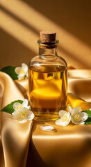 Luxurious Jasmine Essential Oil in Glass Bottle on Golden Silk, Warm Sunlight