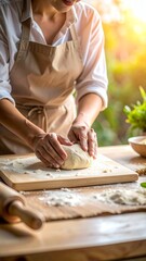 Woman Kneading Dough on Wooden Board Baking Bread Homemade.
