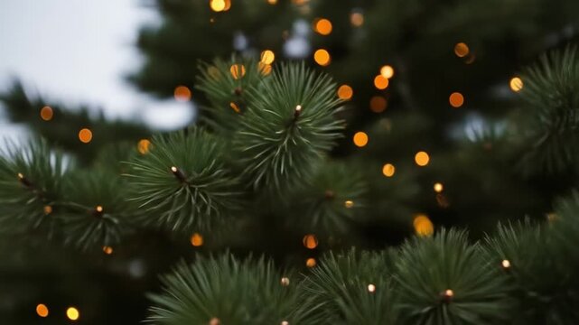 Close-up of a Christmas tree branch with twinkling lights.