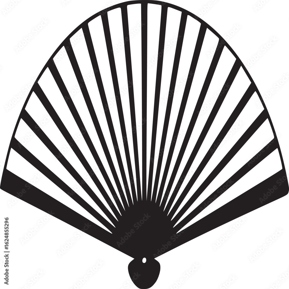 Poster a simple black and white image showing a hand fan with a circular base on a white background plane