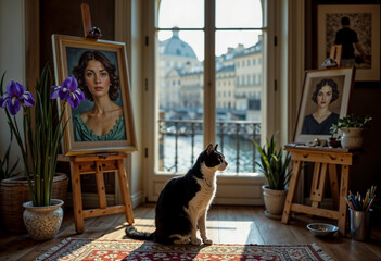Curious cat sitting in an art studio surrounded by beautiful portraits and plants
