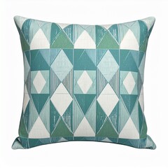 Square throw pillow with a repeating geometric pattern of teal, mint green, and white diamonds and triangles
