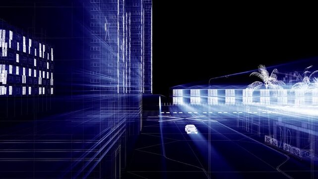 Futuristic Light Beams over Wireframe 3D Model of Miami City with BIM Urban Infrastructure and Metropolis Design Elements, Ideal for Sci-Fi Concepts and Smart City Visualization Projects