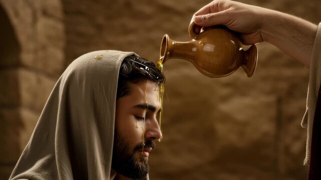 The prophet anoints a young man, possibly David, symbolizing his initiation into leadership, a biblical narrative, an Old Testament event.