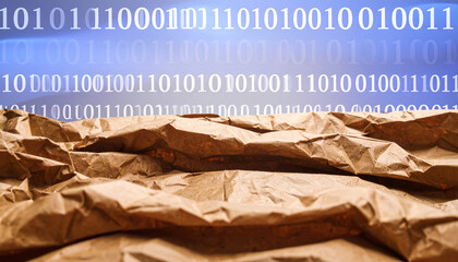 Binary Code and Crumpled Paper: a visual metaphor of data with binary code hovering above a sheet of crumpled brown paper.
