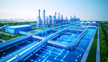 Fototapeta premium Industry 4.0: An expansive factory showcases an innovative convergence of machinery and technology, signifying an era of smart.