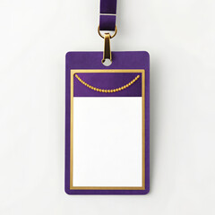 A purple badge with a gold frame and matching lanyard hangs over white