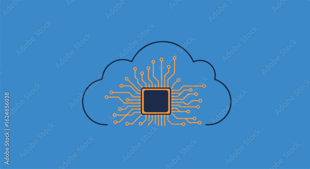 Poster cloud computing tech illustration; data processing, data storage, networking