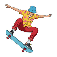 Skateboarder performing an ollie trick in colorful outfit