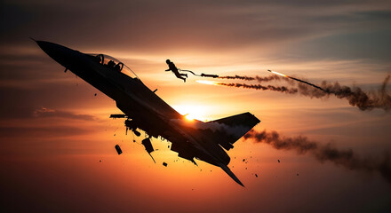 A pilot ejects from a damaged fighter jet silhouetted against a dramatic sunset.