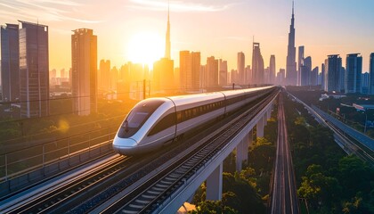 Modern high speed train traveling through a futuristic cityscape at sunset