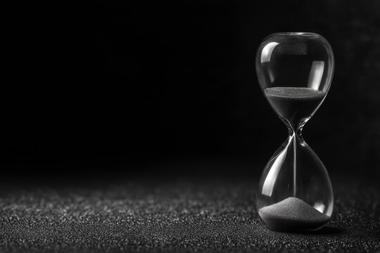 A dramatic black and white image of a glass hourglass with sand nearly depleted, a powerful symbol of the inexorable passing of time and an approaching critical deadline.