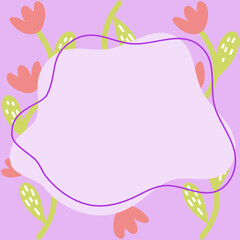A whimsical hand-drawn floral frame illustration with cute pink flowers and green stems on a soft purple background for spring.