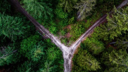 Bird's-eye perspective of diverging paths in dense woodland representing crossroads.