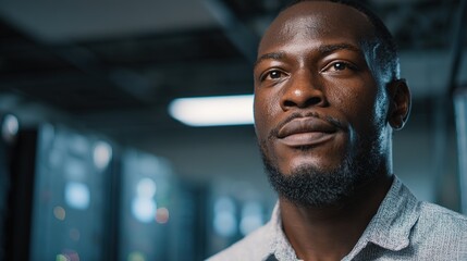 Technical professional in casual attire exuding confidence with a determined look, set against a softly blurred server room background.
