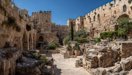 Panoramic photograph of the Western Wall in Jerusalem, with rocks and debris on the ground, captured from a low angle, high-resolution photography, incredibly detailed, fine details, isolated against 