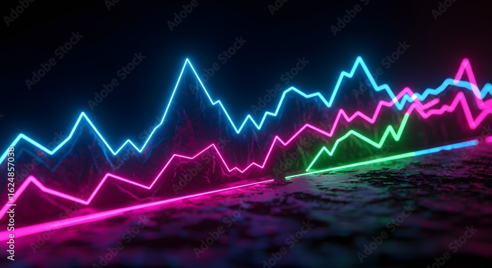 Poster a vibrant display of neon colored line graphs against a dark background with a textured surface