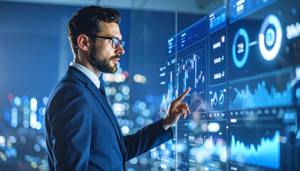 Mastering the Technological Canvas: A focused individual, clad in a tailored suit, interfaces with cutting-edge graphical displays, commanding a nexus of digital insights and innovative solutions.