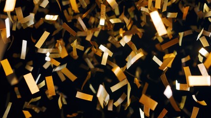 Shimmering metallic fragments suspended in darkness, evoking jubilant atmosphere for new year designs or congratulatory announcements.