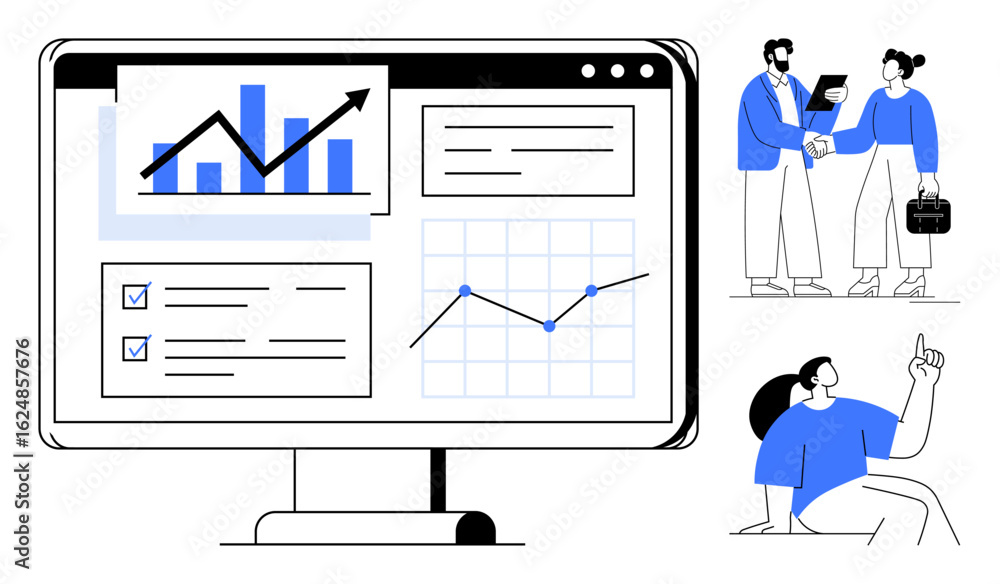 Poster monitor displaying analytics, charts, and checklists beside coworkers collaborating and brainstormin