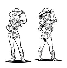 Cheerful Cowgirl Cartoon Character in Plaid Shirt and Boots, Front and Back View Western Vector Illustration
