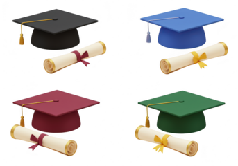 Photo of a set of four graduation caps and diplomas in different colors isolated on transparent background, representing academic achievement