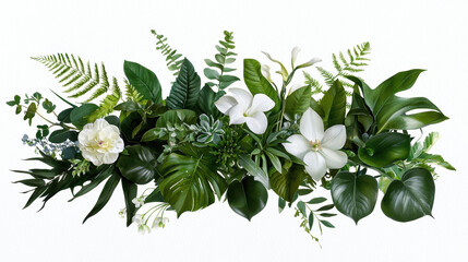 Vibrant arrangement of tropical leaves and flowers, showcasing lush greenery and delicate blooms, perfect for nature lovers