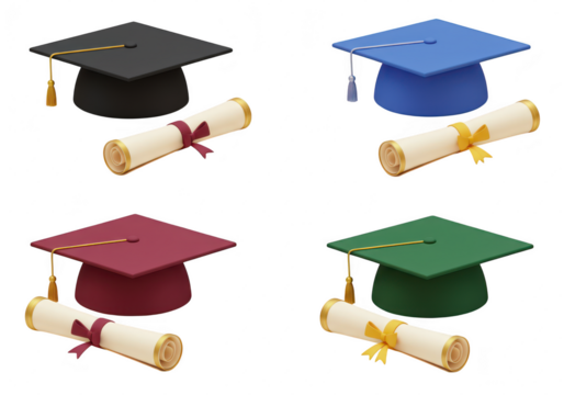 Photo of a set of four graduation caps and diplomas in different colors isolated on transparent background, representing academic achievement
