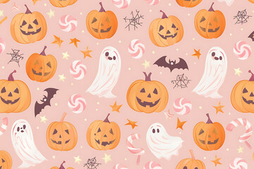 おばけとかぼちゃが可愛く並ぶポップなハロウィンパターン背景