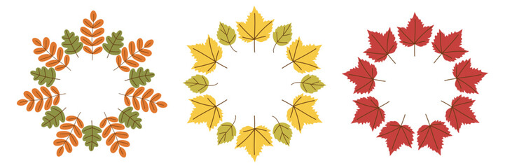 Autumn wreaths made of red maple leaves. Bold seasonal design elements for invitations, posters, and fall decorations.